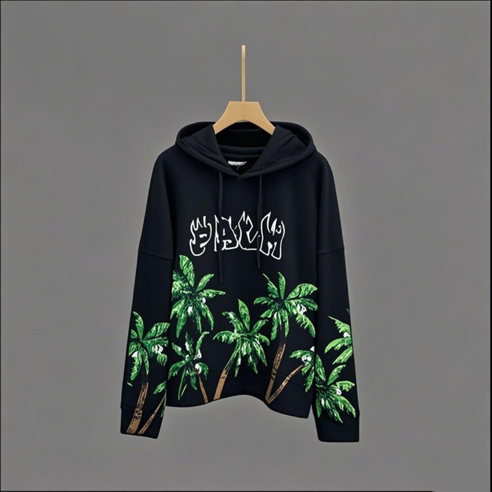 NWT Palm Angels Letter Skull Coconut Tree Hooded Sweatshirt Black